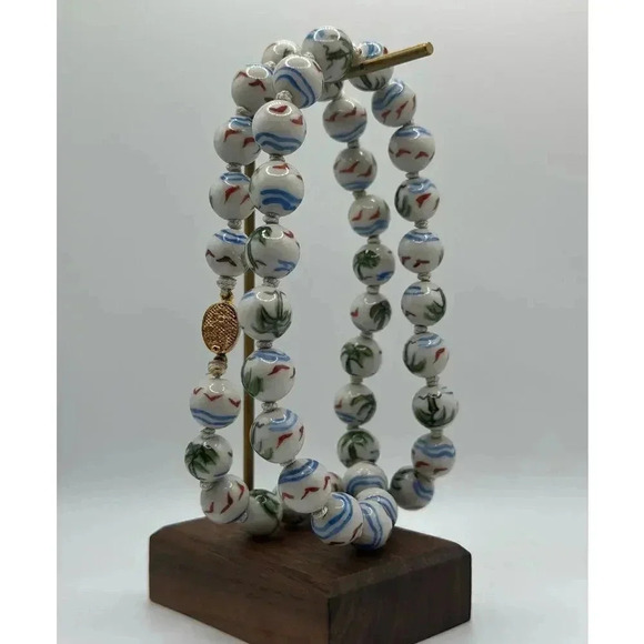 Vintage | Rare | Chinese porcelain hand painted necklace | palm trees & birds - Picture 14 of 15